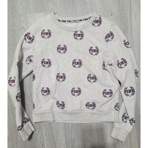 VS PINK Perfect Crew Heather Silver All Over Logo Sweatshirt